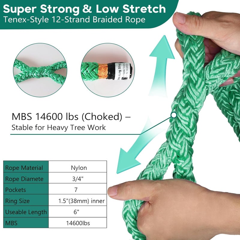 KLYTORX 3/4" Rigging Ring Sling Rope- 6FT Arborist Rope with #3 Aluminum Ring & 7-Pockets Adjustment Climbing Slings - 14,600 lbs MBS - Friction Saver for Tree Rigging, Speedlines & Canopy Anchors - Image 3